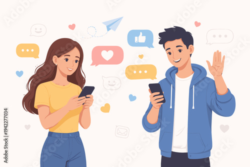 Flat vector illustration of a young woman and man using smartphones to chat via a mobile app. Surrounded by social media icons like hearts, likes, and speech bubbles for digital communication.