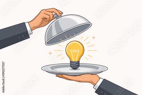 Vector illustration of a businessman's hands holding a silver platter and lifting a cloche lid to reveal a glowing yellow light bulb, symbolizing a fresh business idea, innovation, and creativity.