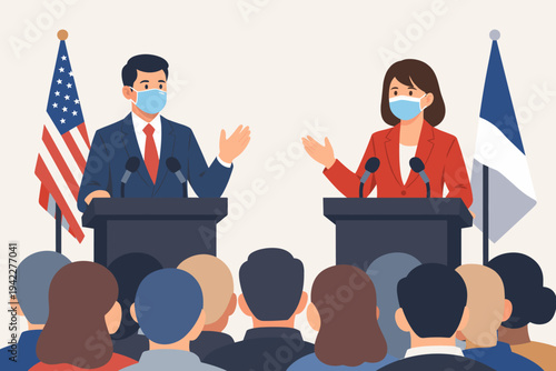 Vector Illustration of Two Politicians Wearing Face Masks Giving a Speech or Debate at Podiums with Microphones to a Crowd of People, USA Flag Background, Political Campaign Announcement Concept.