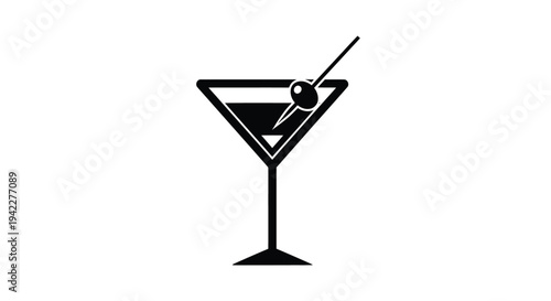 Simple black and white vector graphic illustration of a martini cocktail glass garnished with a single olive on a pick