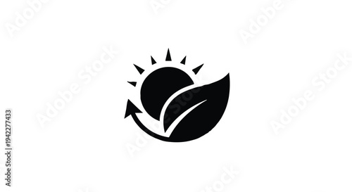 Black icon representing renewable energy featuring a stylized sun, leaf, and circular arrow on a clean white background symbolizing sustainable growth.