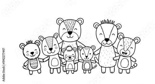 WHappy animal family kids messy illustration, multiple animal characters in one frame, monochrome vector, rough hand-drawn child lines, playful naive arteb