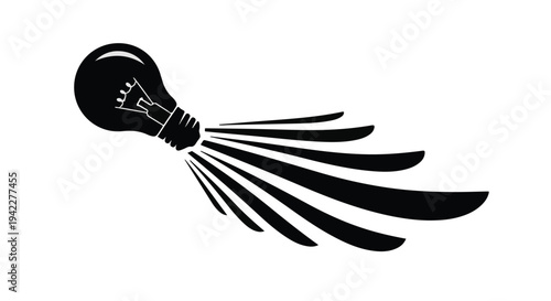 A stylized black lightbulb icon with trailing lines signifies a rapidly accelerating, brilliant idea or innovative breakthrough in motion.