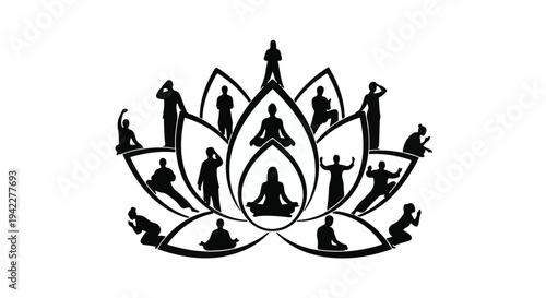 Silhouetted figures practicing diverse yoga poses are integrated within the elegant, layered design of a black lotus flower graphic.