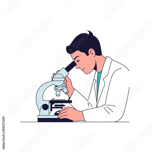 Scientist in lab coat using microscope for research, close-up view, scientific discovery