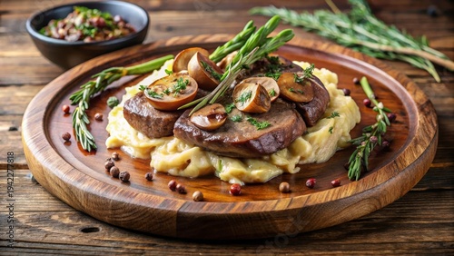 Savory Seared Meat Dish with Creamy Mash, Roasted Mushrooms, and Aromatic Herbs on Rustic Wooden Plate