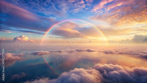 Heavenly Panorama A Serene Aerial View of Clouds and a Vibrant Rainbow Arching Across a Golden Sunset Sky