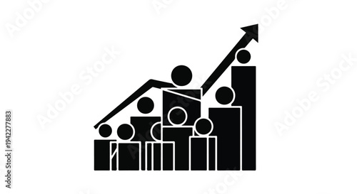People growth chart illustration visually represents business success and team development with stylized human figures ascending a bar graph, highlighted by an upward-trending arrow signifying.