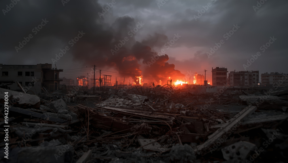 Naklejka premium Burning industrial area at dusk with thick smoke and ruined foreground