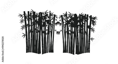 Bamboo silhouette illustration features elegant black stalks and delicate leaves forming a symmetrical natural pattern against a pristine white background, perfect for serene design elements.