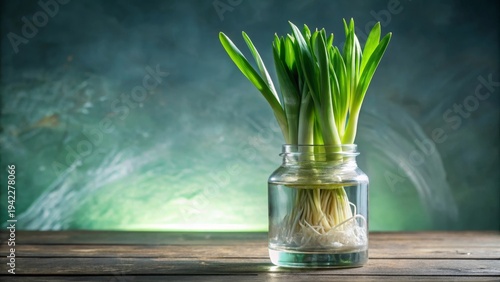 Vibrant Green Sprouts in Glass Jar on Rustic Wooden Tabletop with Abstract Background