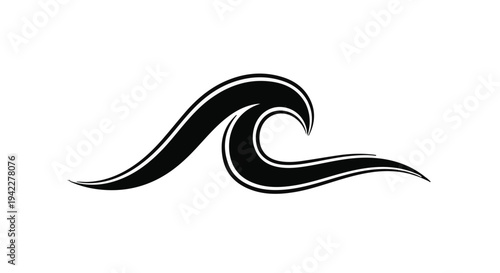 Elegant black and white minimalist illustration showcasing a smooth, stylized ocean wave icon with flowing lines, representing water, nature, and dynamic movement on a pristine white background.