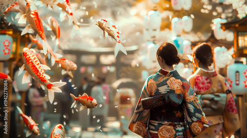 Women in Traditional Kimono at Japanese Festival with Floating Koi and Lanterns
