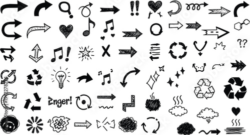 Hand drawn black arrows, music notes, recycle symbols, heart shapes, doodle icons, wavy lines, star sparkles, directional pointers