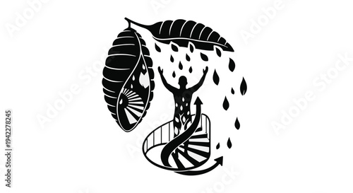 Stylized black and white illustration depicting a human figure standing on a spiral staircase with arms raised, receiving raindrops from a large abstract leaf, symbolizing personal growth.