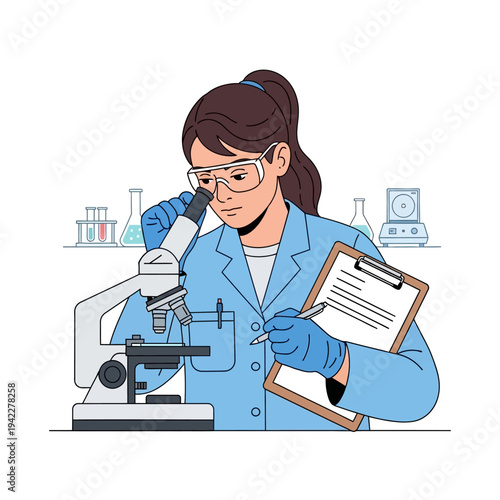 Scientist looking through microscope, taking notes on clipboard in laboratory