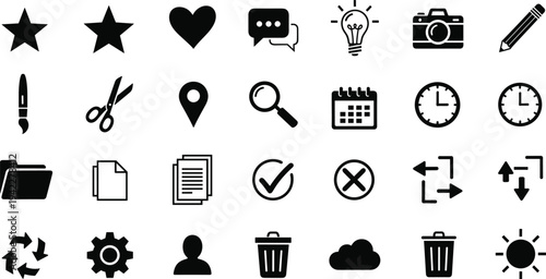 Minimalist black solid icons, universal web interface symbols, business navigation signs, digital app elements, silhouette graphic collection