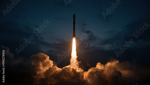 Wallpaper Mural Rocket ascending through night sky with glowing exhaust and dramatic cloud illumination Torontodigital.ca