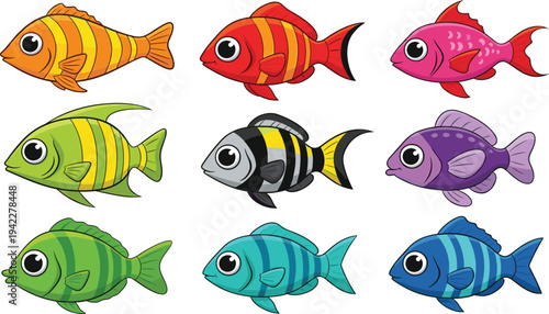 Bright Tropical Aquarium Fish Vector Collection with Colorful Marine Fish Characters for Ocean Wildlife Illustration, Underwater Nature Graphics and Aquatic Design.