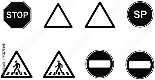 Set of Road Traffic Signs Including Stop Sign, Warning Triangle, Pedestrian Crossing and No Entry Symbols Isolated on Light Background, Safety Icon Illustration
