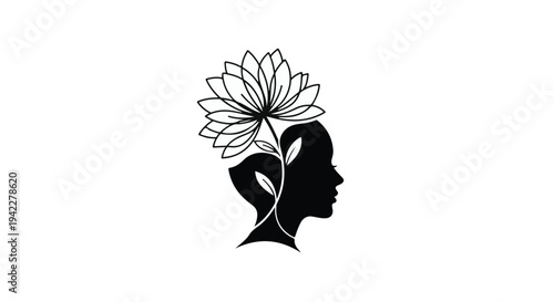 Stylized profile outline of a person's head shows a detailed lotus flower blooming upward from within the form, symbolizing growth and serenity.