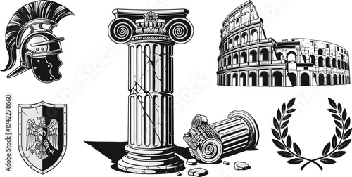 Ancient Roman Empire Symbols Set with Gladiator Helmet, Roman Columns, Colosseum, Shield and Laurel Wreath Illustration Isolated on Light Background Historical Design