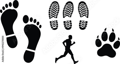 Footprints and Tracks Collection with Human Foot, Shoe Sole, Animal Paw and Running Man Silhouette Isolated on Light Background, Trail Tracking Illustration Set