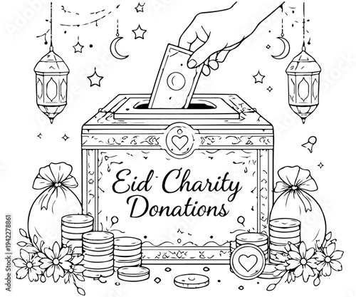 Eid Charity Donation Box and Zakat Coloring Page Illustration