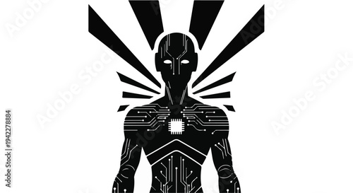 Monochrome silhouette of an android figure featuring glowing circuits and emanating white light rays against a stark white background represents artificial intelligence.