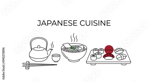 Minimalist Japanese cuisine line art with teapot, ramen bowl and sushi set featuring a red sun accent for modern restaurant branding and design