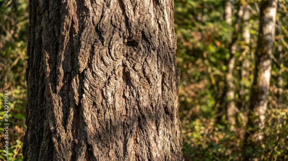 Fototapeta premium Detailed Tree Bark Texture in Sunlight with Forest Background
