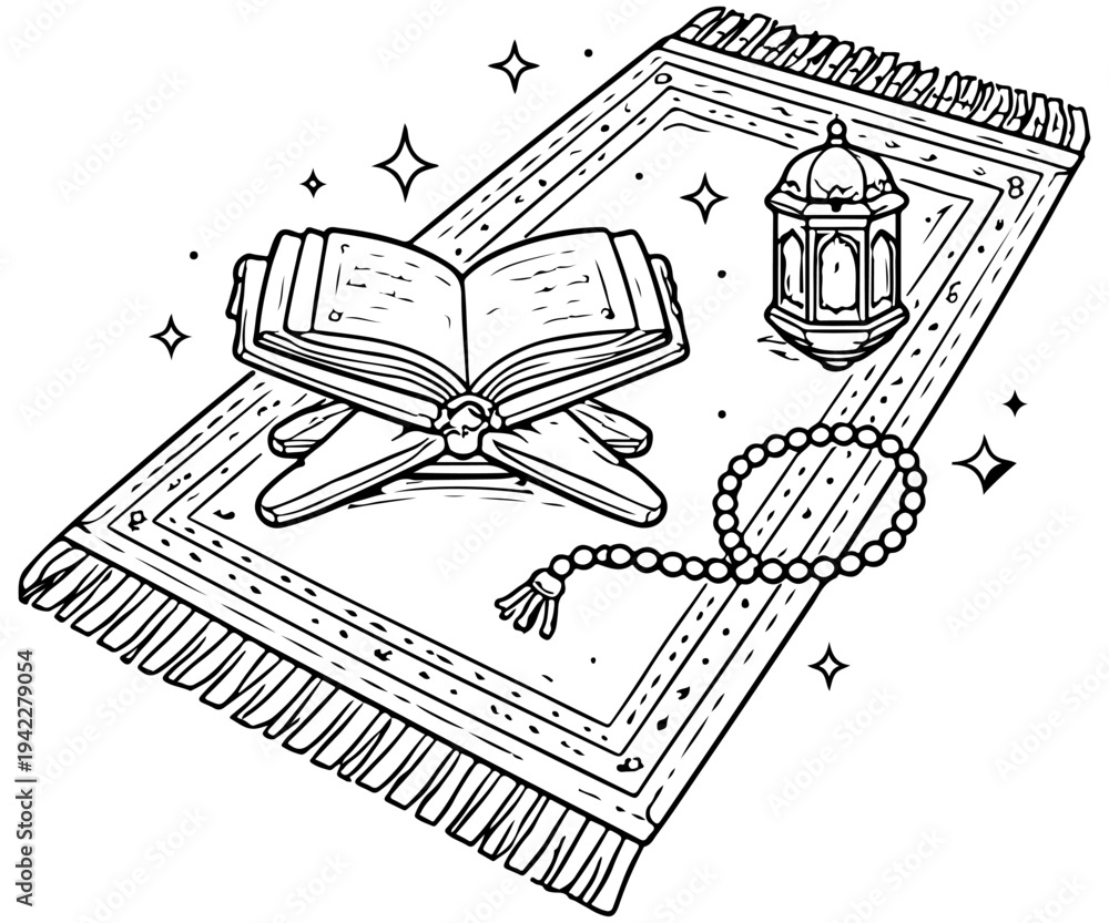 Fototapeta premium Holy Quran on Prayer Mat with Tasbih and Lantern Coloring Page