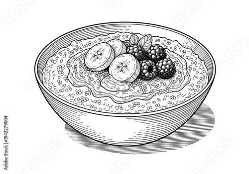 Healthy quinoa porridge bowl topped with fresh berries and banana slices in engraving style for nutritious breakfast and wellness concept