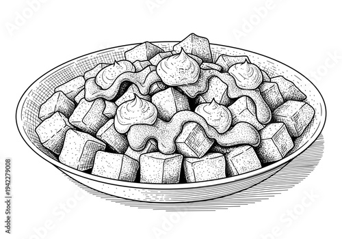 Vintage style illustration of patatas bravas tapas served in a bowl with spicy sauce for Spanish cuisine and appetizer menu concept
