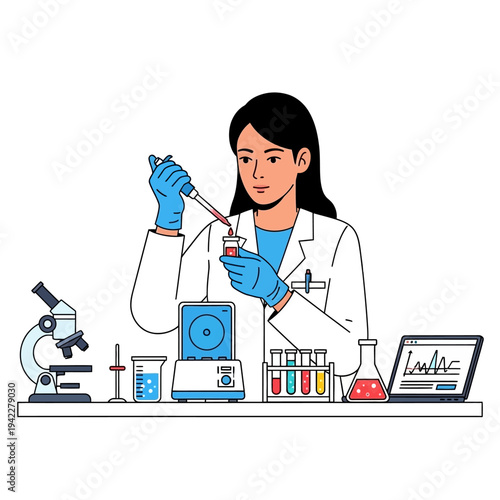 Scientist working in laboratory with microscope, test tubes, and equipment