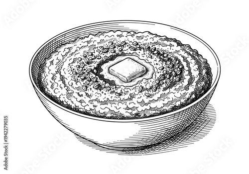 Classic bowl of hot rye porridge with a melting pat of butter on top in a detailed hand drawn sketch for traditional rustic breakfast concept