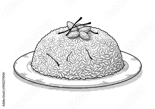 Elegant engraving of a saffron rice mound served on a plate for aromatic Middle Eastern cuisine and gourmet culinary presentation
