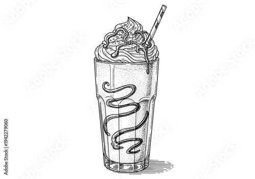 Decorative milkshake in a tall glass with whipped cream and caramel drizzle for sweet dessert and coffee shop beverage concept