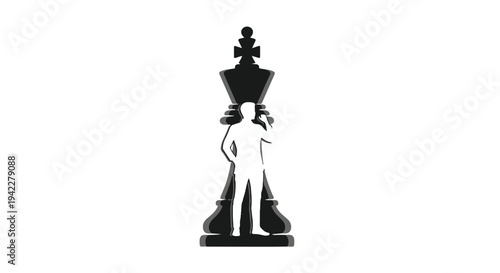 A silhouette graphic powerfully merges a standing person with the shape of a large black chess king piece, conveying leadership and strategy concepts.