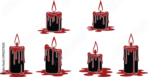 Set of Melting Wax Candles with Dripping Red Wax and Flame Isolated on Light Background, Gothic Halloween Candle Illustration for Dark Horror Design
