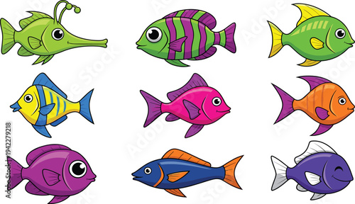 Colorful Tropical Aquarium Fish Vector Set with Cute Marine Fish Characters for Ocean Wildlife Illustration, Underwater Nature Graphics and Aquarium Design.