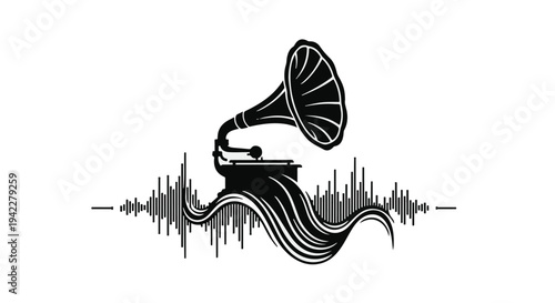 Vintage phonograph horn emits complex, flowing sound waves depicted as textured, dark ribbons stretching horizontally across the frame above a baseline.