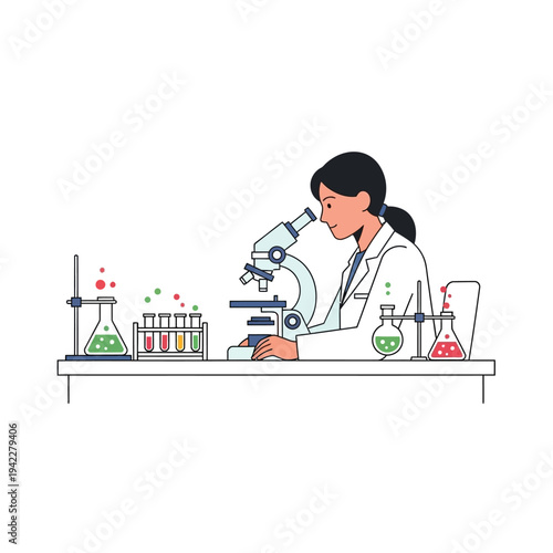 Scientist working with microscope in laboratory, conducting research with colorful liquids