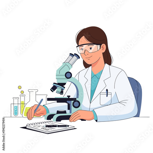 Scientist working with microscope and test tubes in laboratory, research and science concept