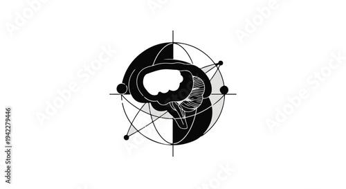 Stylized black and white graphic depicts a cross-section of the human brain encased within a geometric, orbital framework against a stark white background.