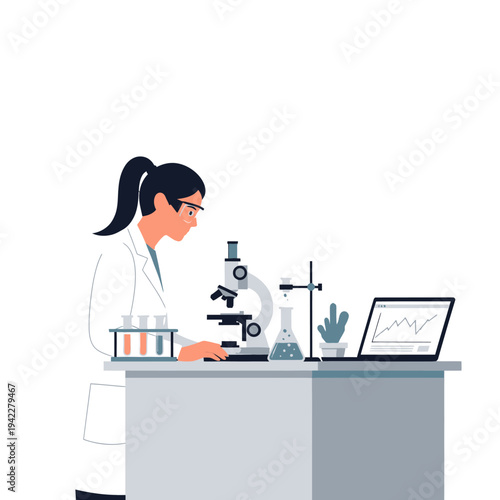 Scientist working with microscope in laboratory, laptop and test tubes on desk