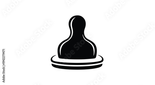 Solid black icon of a stylized baby bottle nipple rests centered upon concentric white rings, signifying infant care or feeding accessories.
