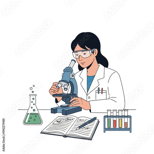 Scientist working with microscope in laboratory, conducting research with test tubes and flask