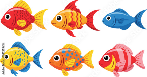 Colorful Tropical Fish Cartoon Vector Set with Cute Aquarium Fish Characters for Ocean Wildlife Illustration, Marine Life Graphics and Underwater Design.