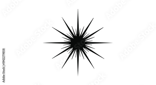 A sharp, black, starburst or twinkle effect is centered starkly against the pure white backdrop, creating a high-contrast graphic element for emphasis.